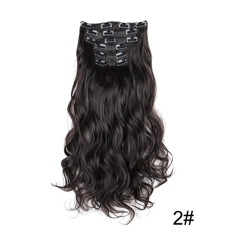 16Clips Synthetic 24Inch Long Curly Hair Hairpiece Heat Resistant Hair Extension Clips In Black Brown Blonde for Women