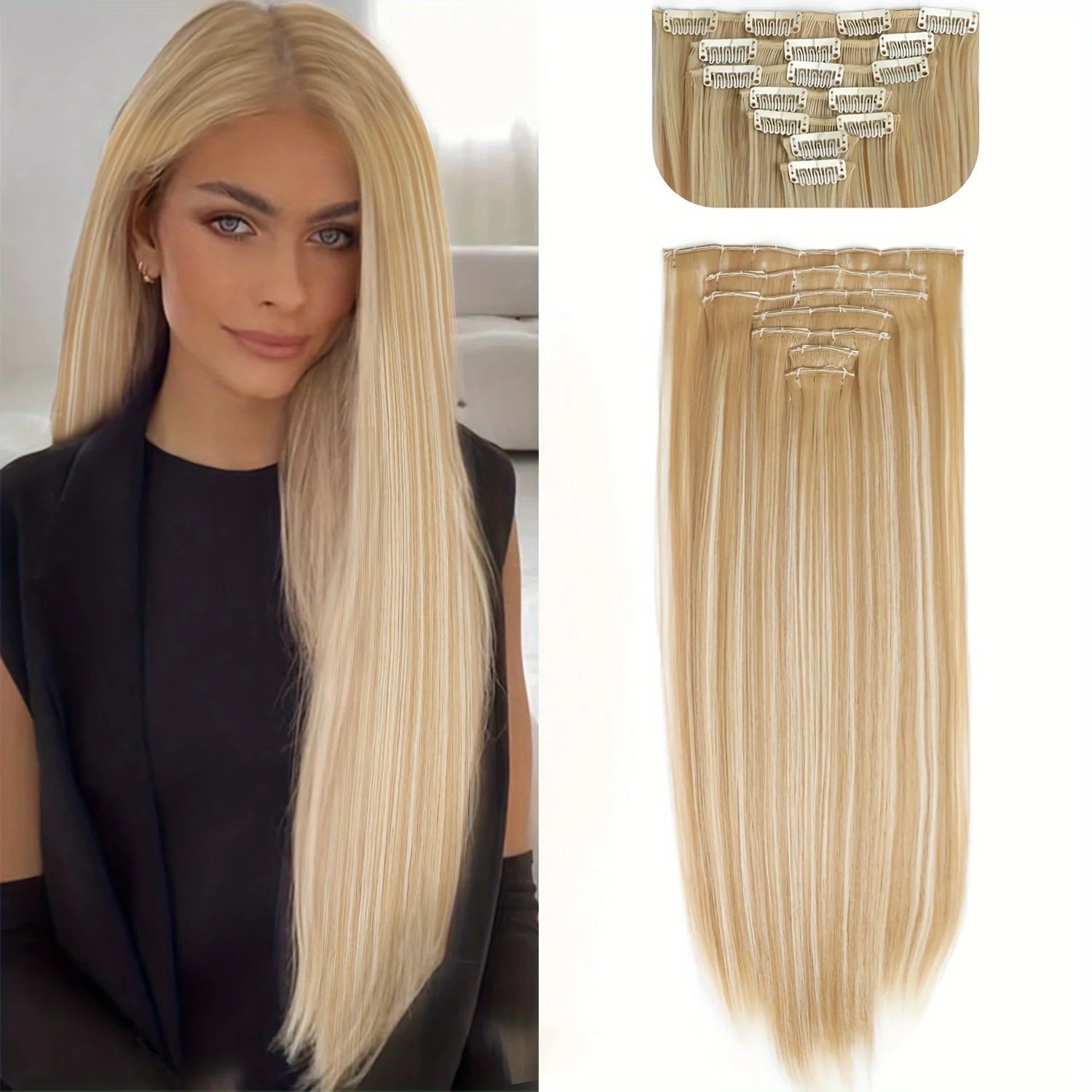 Long Straight Hairstyle 16 Clips 7Pcs/Set Hair Extensions Natural Synthetic Blonde Black Hairpieces Heat Resistant For Women
