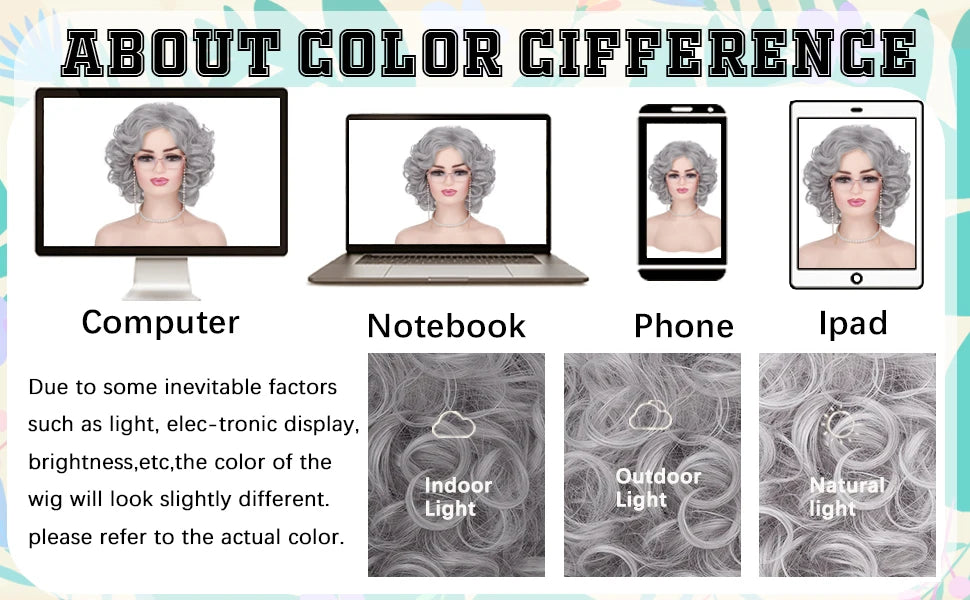 Synthetic Old Lady Wig Costume Set for Women Short Curly Grandma Wig and Glasses Silver White Granny Wig Cosplay Halloween Party