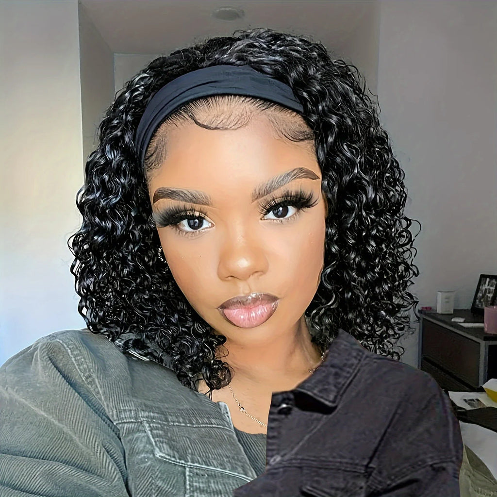 Short Straight Headband Synthetic Natural  Kinky Curly Black  Wigs for Black Women Daily Party Use Heat Resistant Fake Hair ﻿