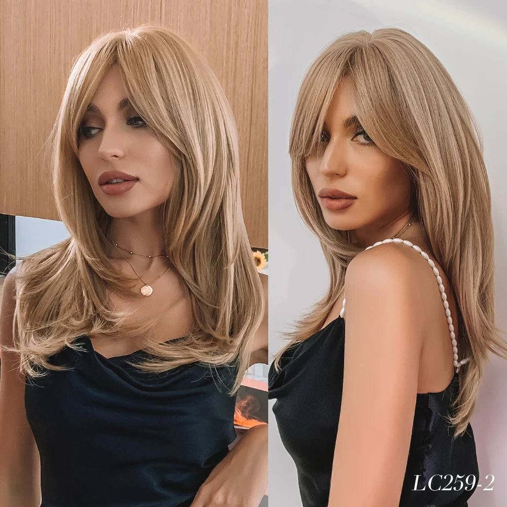Element Synthetic Fiber Wigs for Women Long Straight Wavy Brown Blonde Wig with Bangs Heat Resistant Fashion Natural Daily Party