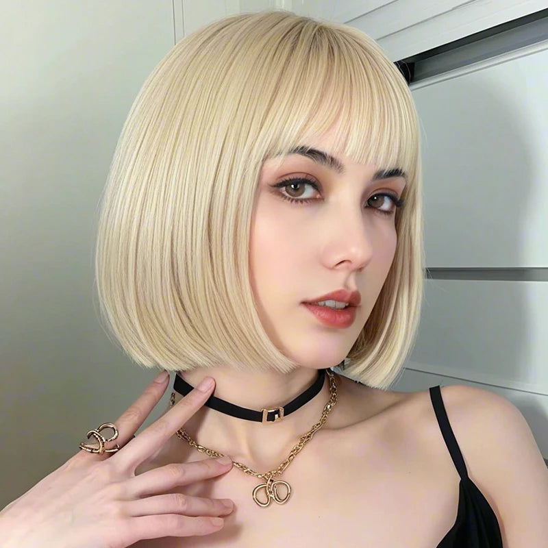 Blonde bangs wig 12 inches, high-temperature heat-resistant synthetic fiber, slimming face shape, suitable for daily wear and ro