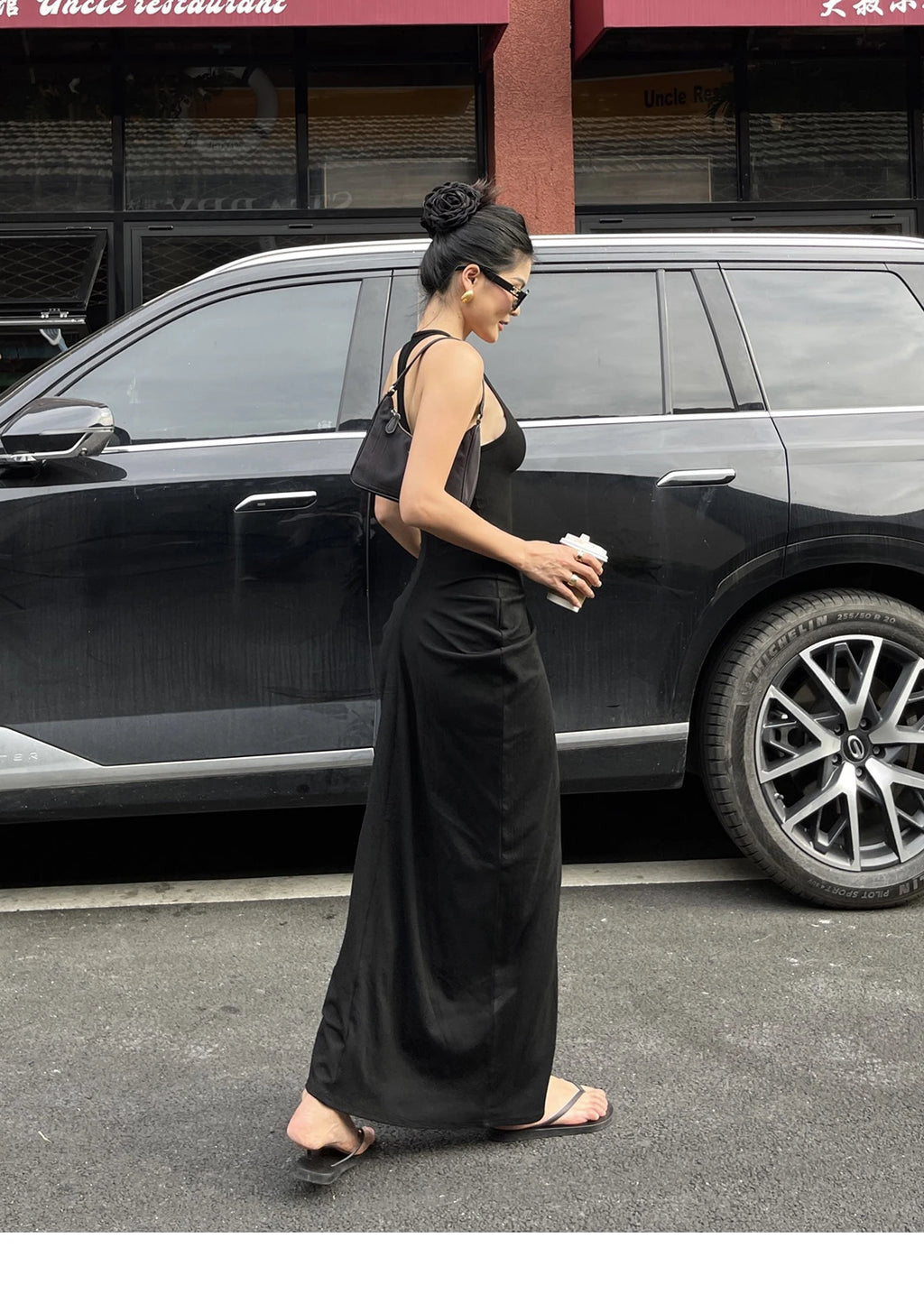 Spicy Girl V-neck Hanging Neck Sleeveless Dress Elegant Women's Summer New High Waist Slim Pleated Wrapped Hip Dresses ORPT