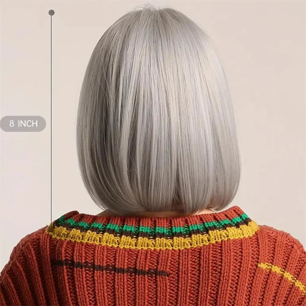 8 Inch Cute Party Grey Short Straight Synthetic Wig For Women Fashion Natural Looking Hair Replacement Wigs For Party Cosplay Ha