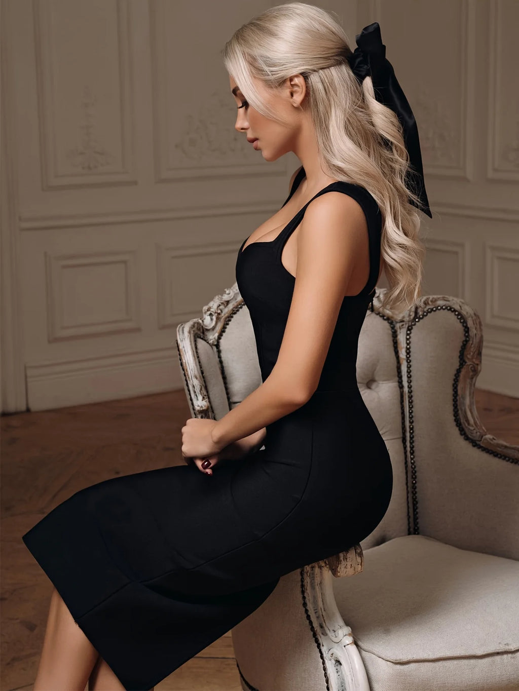Women's Fantasy Spaghetti Strap V Neck Midi Bodycon Dress Summer Bandage Dress Black Elegant Wedding Evening Cocktail PartyDress