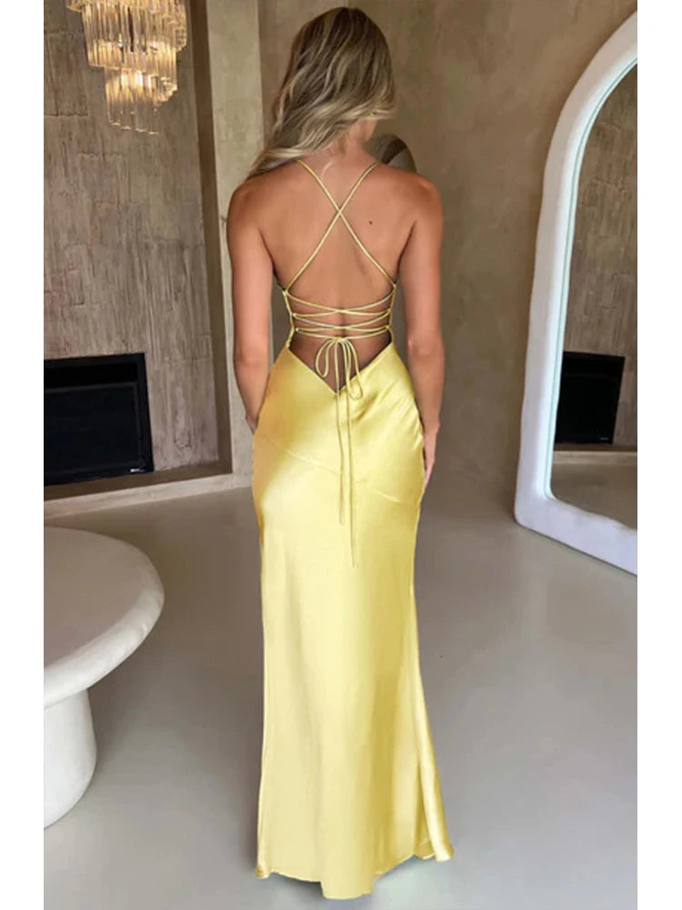 Bandage Backless Elegant Dress Split Hem Spaghetti Strap Slim Cocktail Party Club Fashion Satin Solid Lace-Up Long Dresses
