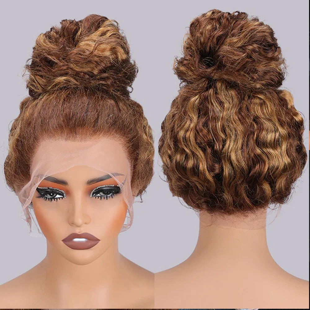 Deep Wave 30 Inch Invisible Strap 360 Full Lace Front Wig Honey Blonde Highlight Deep Curly Frontal Wig Glueless Wig Human Hair