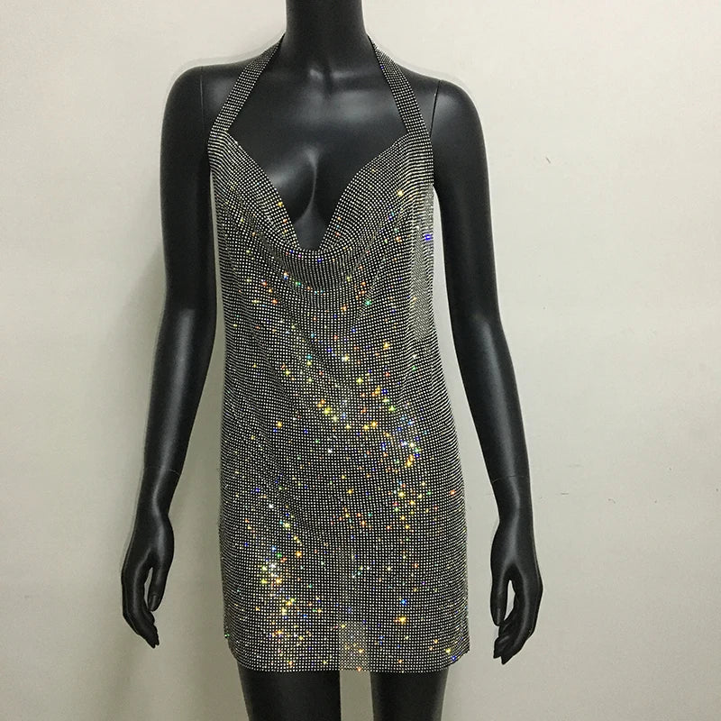 Bling Rhinestone Backless Dress Sexy Deep V Neck Sleeveless Side Split Halter Dress Nightclub Party Evening Dresses