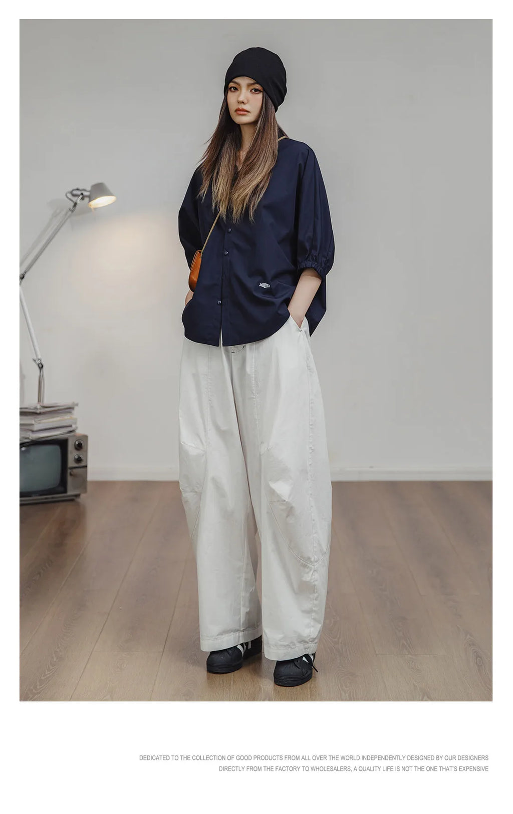 Maden 3/4-sleeved Shirt for Women Loose Blouse Batwing Sleeve Casual Breathable Stand Collar Tops Spring and Summer Blue Shirt