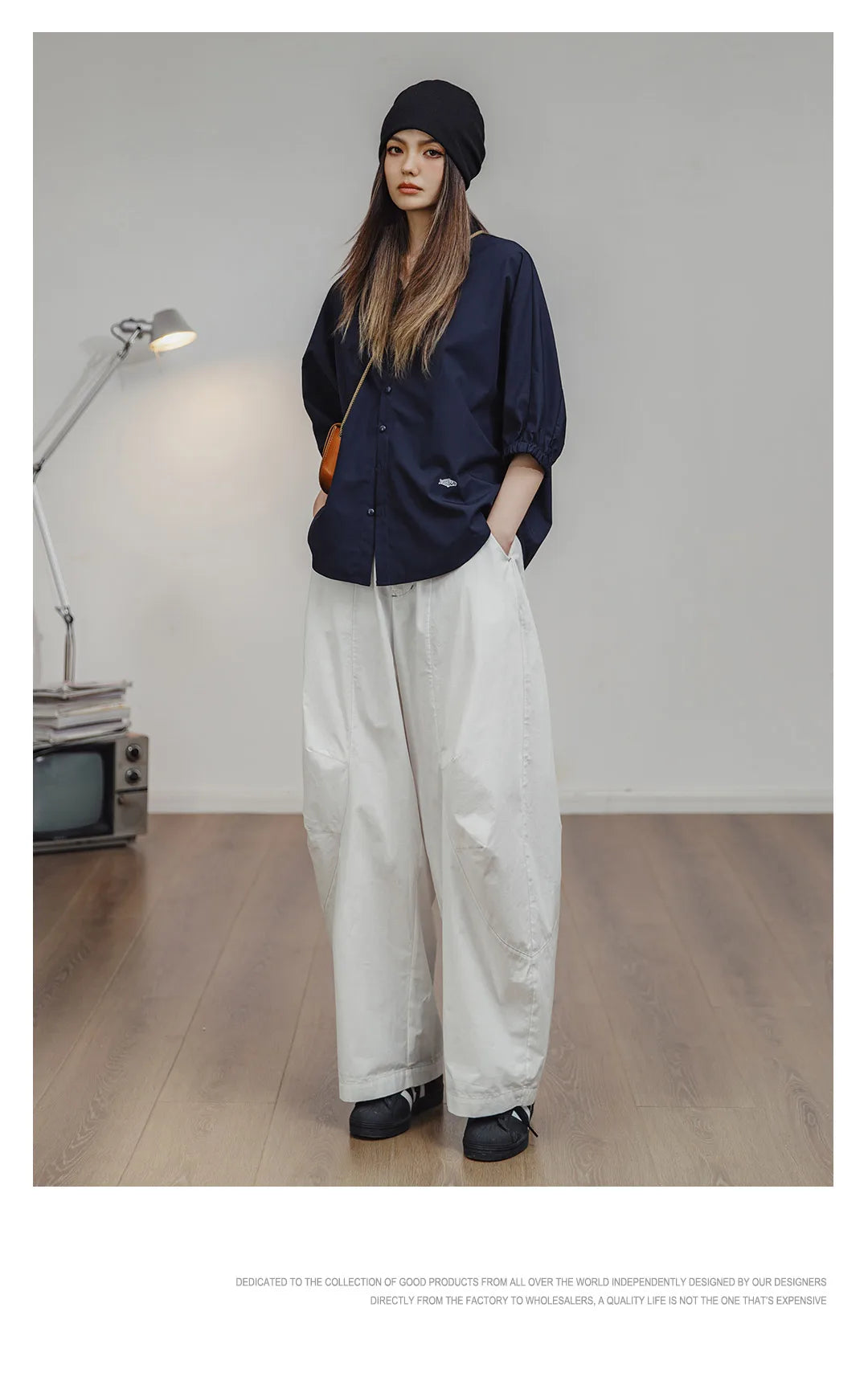 Maden 3/4-sleeved Shirt for Women Loose Blouse Batwing Sleeve Casual Breathable Stand Collar Tops Spring and Summer Blue Shirt