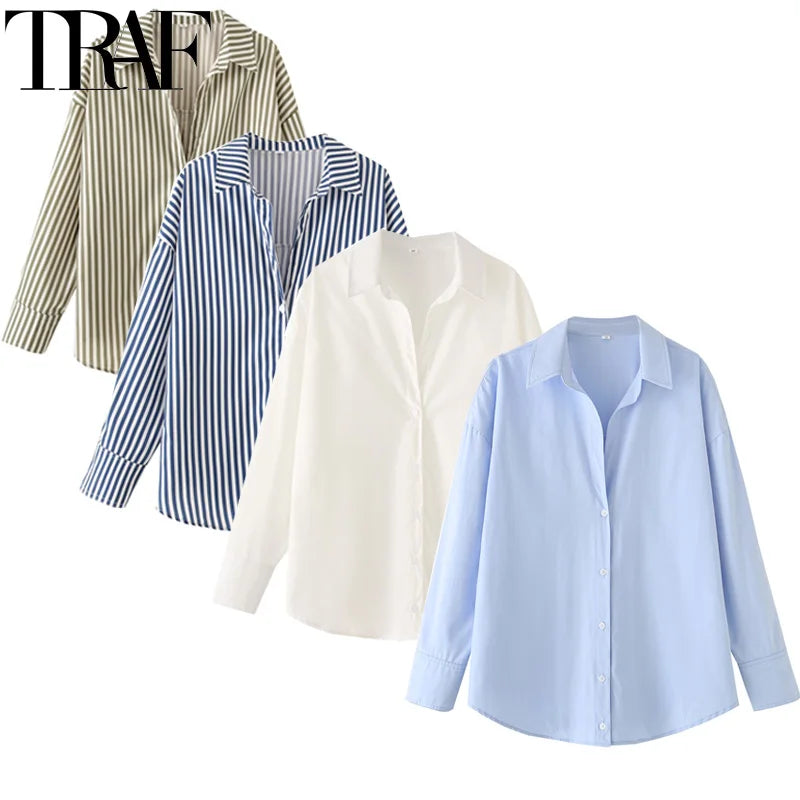 HXAO 2025 Shirts Blouses New Long Striped Shirt Women Long Sleeve Casual Shirts Large Tops Summer Plain Button Up Shirts 088