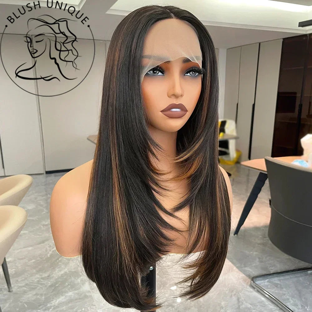 13X6 Dark Burgundy Straight Lace Front Wigs HD Layered Cut Lace Frontal Wig Synthetic Pre Plucked Glueless Lace Wigs For Women