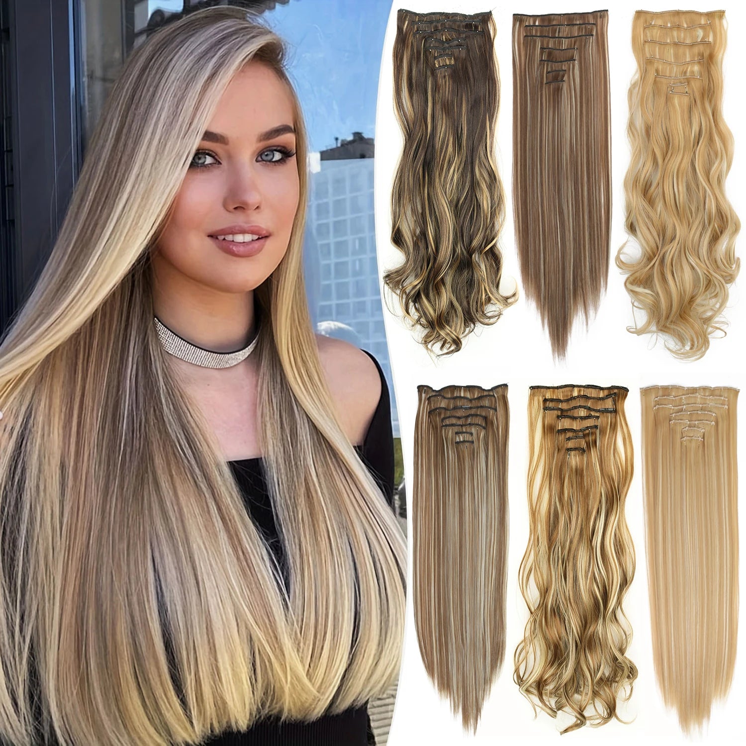 Long Straight Hairstyle 16 Clips 7Pcs/Set Hair Extensions Natural Synthetic Blonde Black Hairpieces Heat Resistant For Women