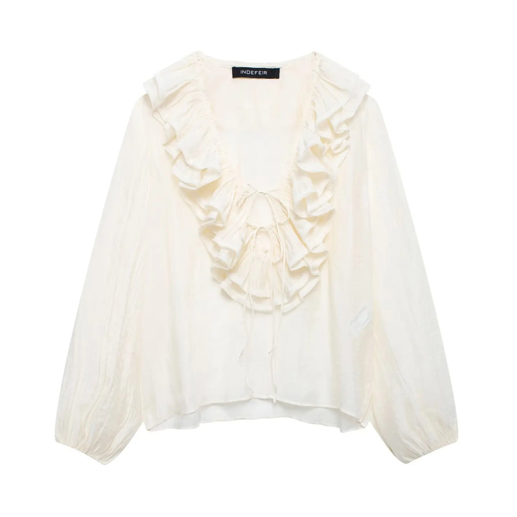 TRAFZA Elegant Women's Tierred Ruffles Blouses V-Neck Long Sleeve Loose Shirt Lady 2025 Spring Chic Lace-up Wild Woman Solid Top