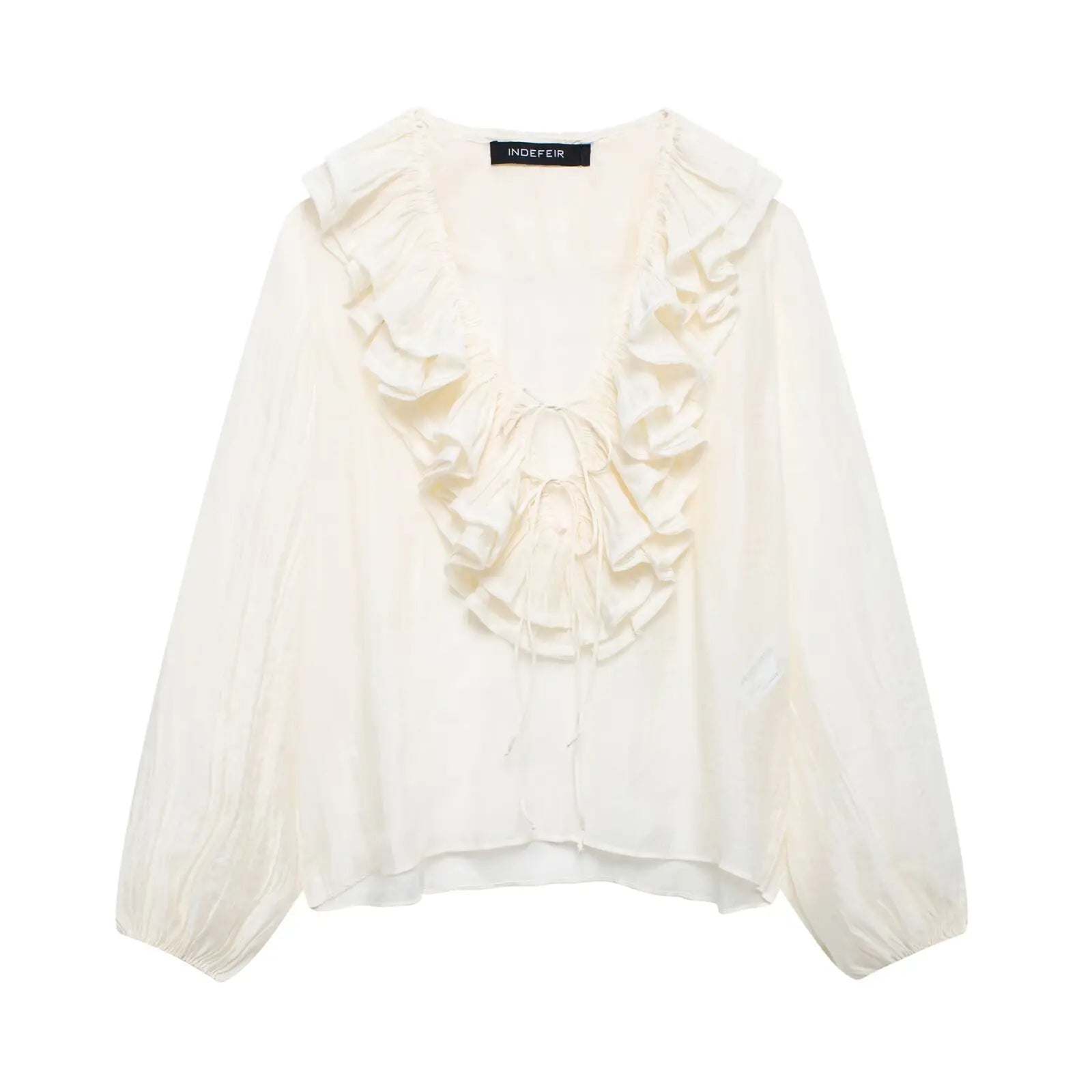 TRAFZA Elegant Women's Tierred Ruffles Blouses V-Neck Long Sleeve Loose Shirt Lady 2025 Spring Chic Lace-up Wild Woman Solid Top