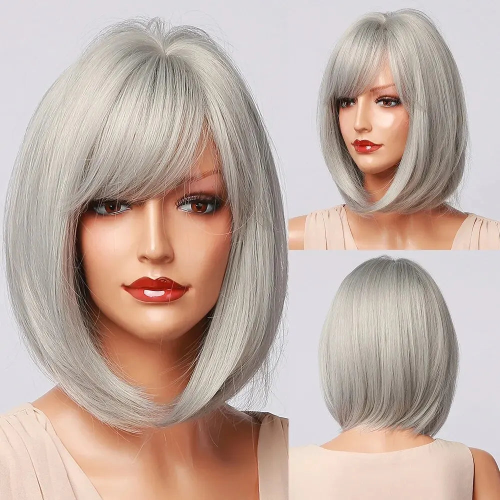 8 Inch Cute Party Grey Short Straight Synthetic Wig For Women Fashion Natural Looking Hair Replacement Wigs For Party Cosplay Ha