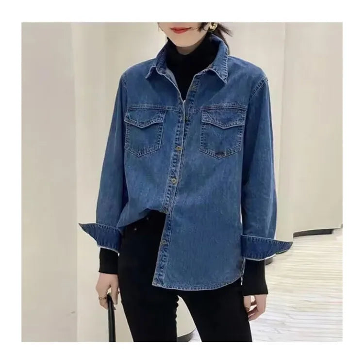 Retro Blue Shirt Denim Shirt for Women Autumn 2025 New Design Shirts Long Sleeved Solid Single Breasted Jeans Jacket for Women