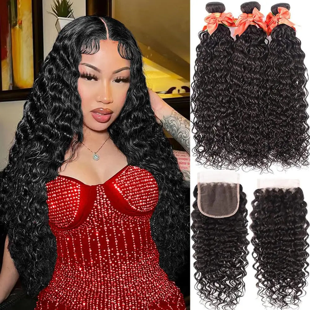 Brazilian Water Wave Hair Bundles With Closure 3Pcs 4Pcs Hair Bundle And 1pc Lace Closure Remy Human Hair Weave Natural Color 1B