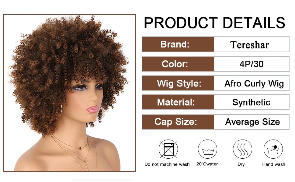 Tereshar Synthetic Short Curly with Bangs for Black Women 8 inch Afro Kinky Curly Wig Synthetic Hair Wigs for Daily Party Use