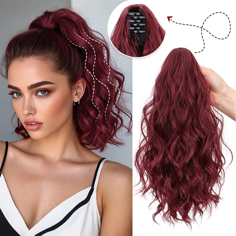 Clip-in Synthetic Hair Ponytail Extension Short Wavy Curled Clip-on Ponytail with Claw Clip Wine Red Hairpiece for Women