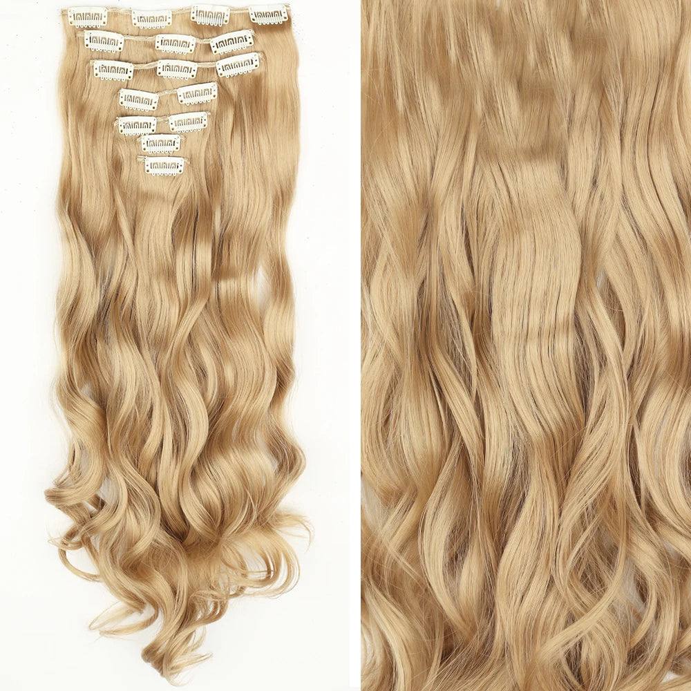 Long Straight Hairstyle 16 Clips 7Pcs/Set Hair Extensions Natural Synthetic Blonde Black Hairpieces Heat Resistant For Women