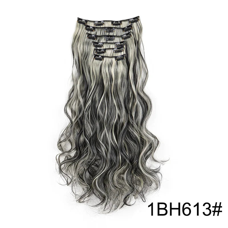 16Clips Synthetic 24Inch Long Curly Hair Hairpiece Heat Resistant Hair Extension Clips In Black Brown Blonde for Women