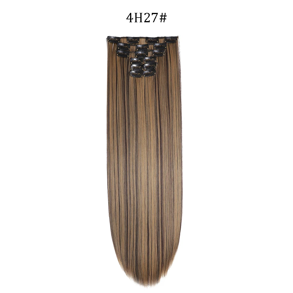 24 inches Synthetic Long Straight Hairstyle 16 Clips 6Pcs/Set Hair Extensions Blonde Black Hairpieces Heat Resistant For Women