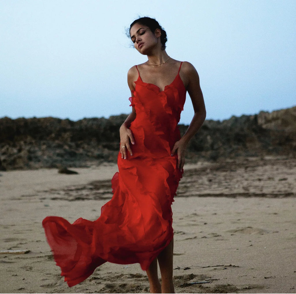 New 2025 Women's Ruffles Chiffon Maxi Dress Backlesss Split Sexy Porm Dress Red Long Summer Wedding Party Dress Elegant Vestidos