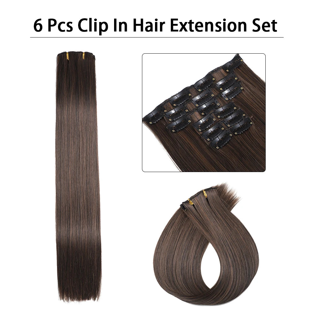 24 inches Synthetic Long Straight Hairstyle 16 Clips 6Pcs/Set Hair Extensions Blonde Black Hairpieces Heat Resistant For Women