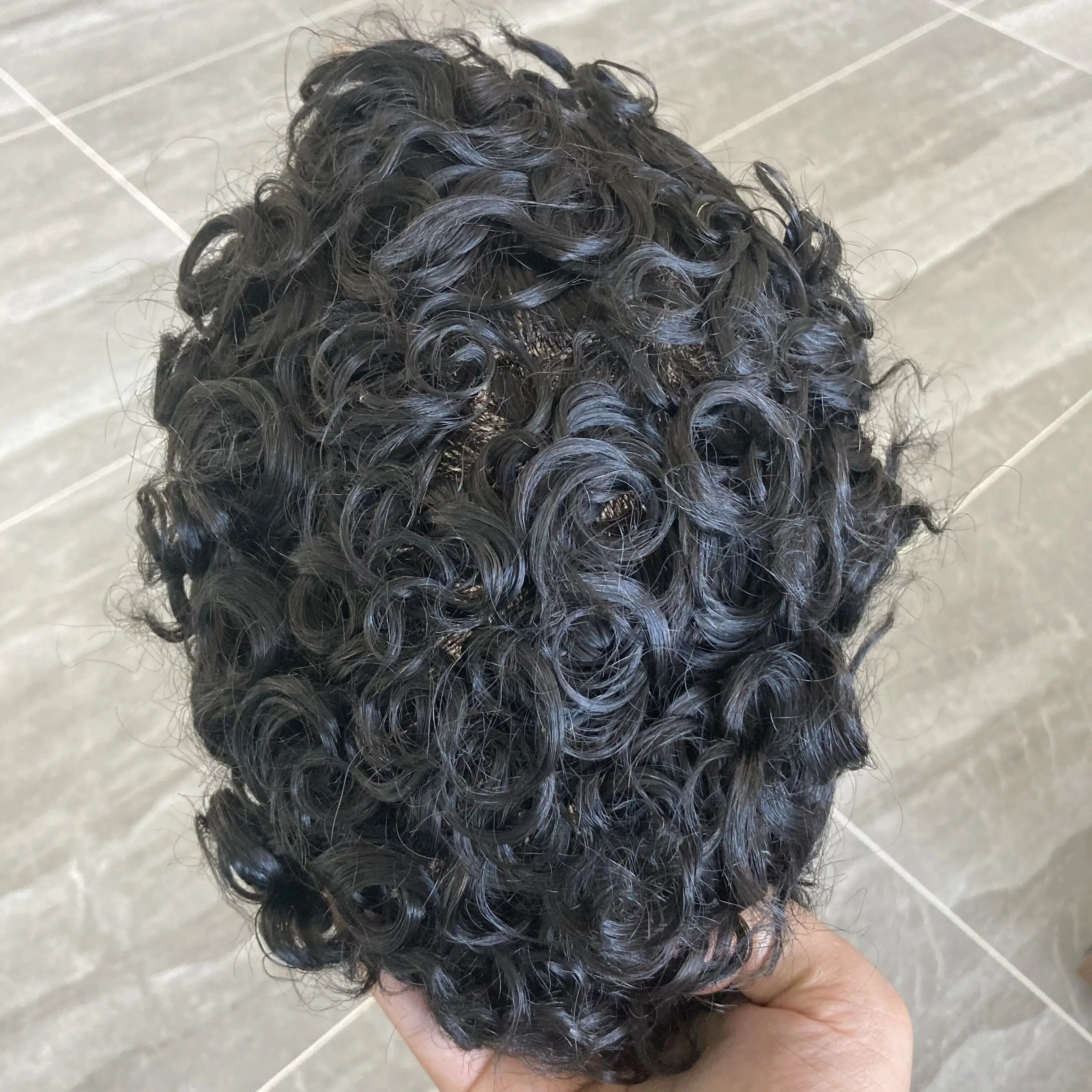 Men 26mm Natural Curly Human Hair Toupee Hair Replacement Capillary Prosthesis 100% Human Hair Durable skin Base Poly Easy Wear