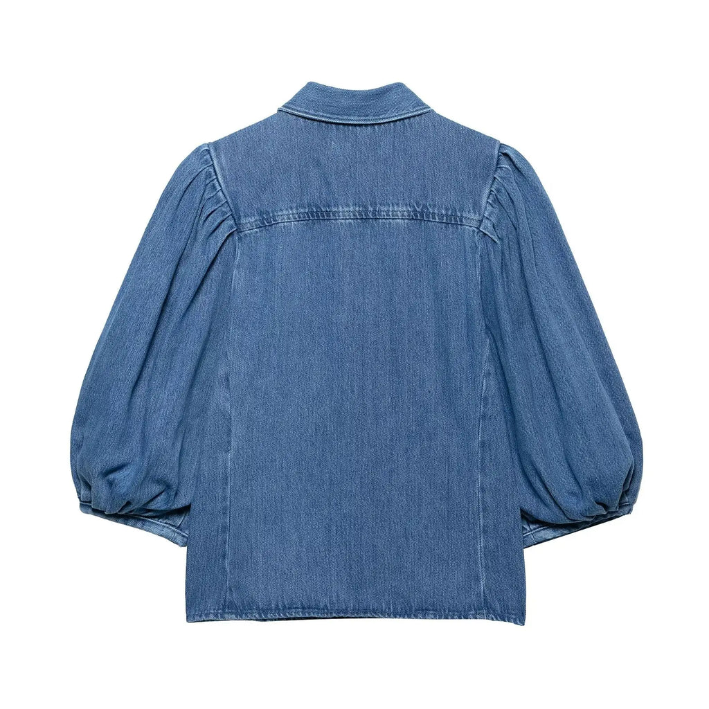 TRAFNLZGMSJ 2025 Spring Summer Casual Women's Denim Blouse Collar Single Breasted Loose Blouse New Fashion Shirts