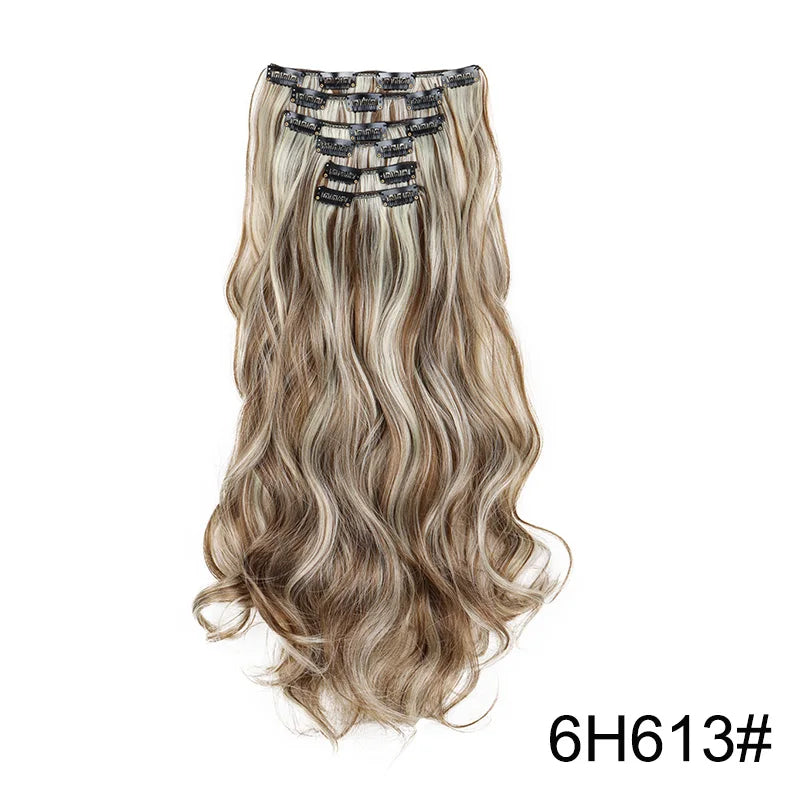 16Clips Synthetic 24Inch Long Curly Hair Hairpiece Heat Resistant Hair Extension Clips In Black Brown Blonde for Women