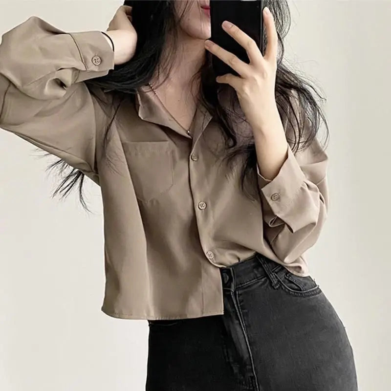 Long Sleeved Shirt And Blouse Simple Single Breasted Loose Casual Solid OL Trend Short Top Simple Elegant Fashion Women Clothes