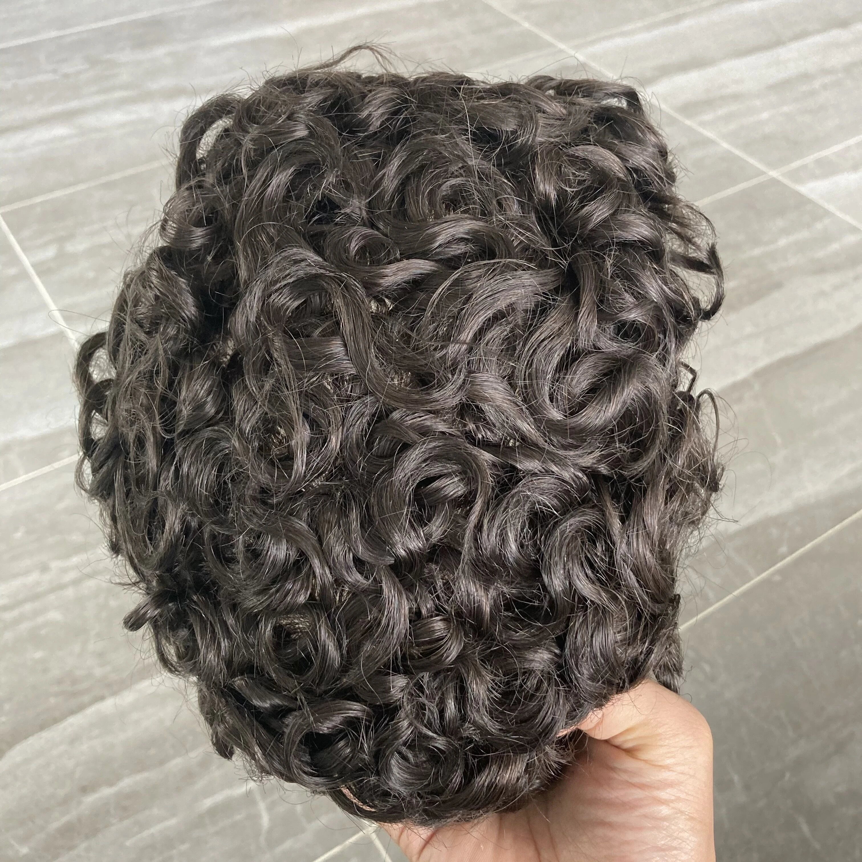 Men 26mm Natural Curly Human Hair Toupee Hair Replacement Capillary Prosthesis 100% Human Hair Durable skin Base Poly Easy Wear