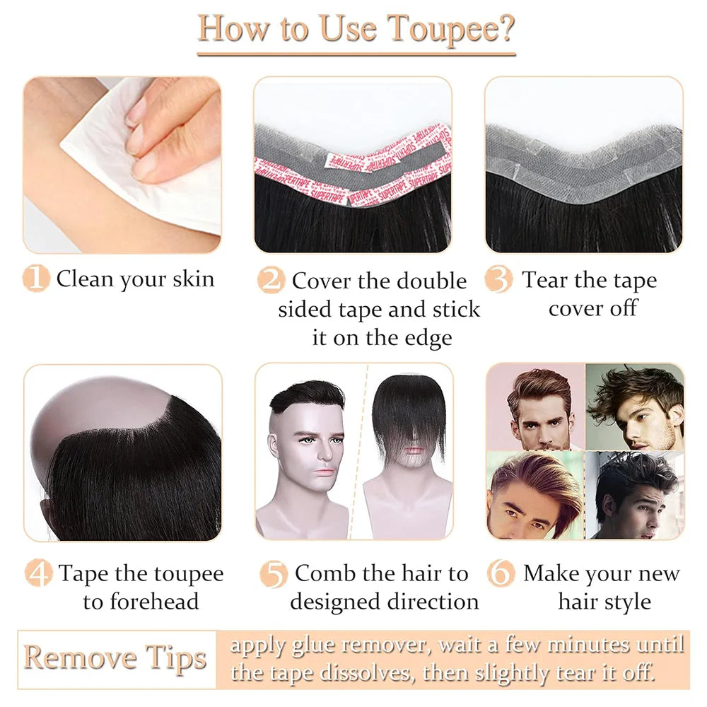 Mens Frontal Toupee V Loop 100% Human Hair Forehead Hairline Patch 0.06mm Thin Skin PU Hairline Men's Capillary Prosthesis