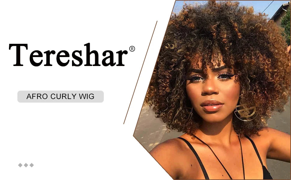 Tereshar Synthetic Short Curly with Bangs for Black Women 8 inch Afro Kinky Curly Wig Synthetic Hair Wigs for Daily Party Use
