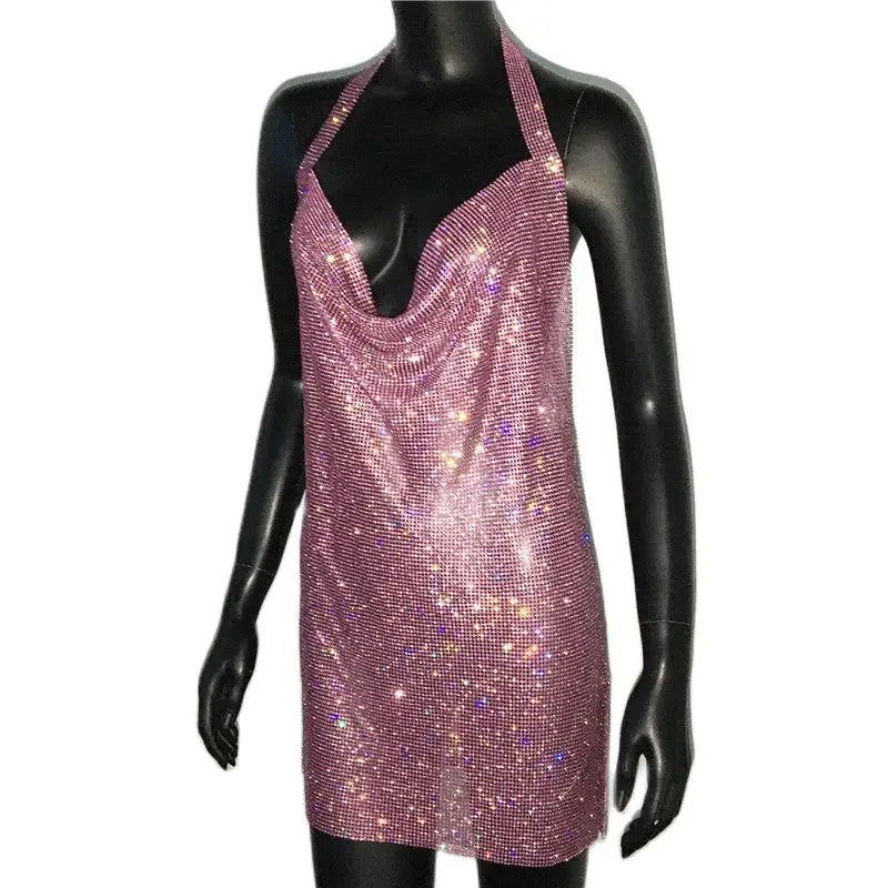 Bling Rhinestone Backless Dress Sexy Deep V Neck Sleeveless Side Split Halter Dress Nightclub Party Evening Dresses