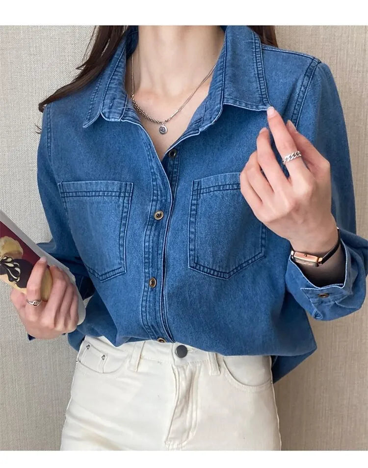 Retro Blue Shirt Denim Shirt for Women Autumn 2025 New Design Shirts Long Sleeved Solid Single Breasted Jeans Jacket for Women