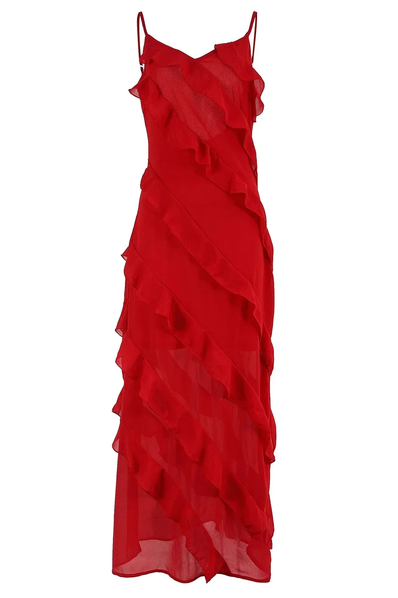 New 2025 Women's Ruffles Chiffon Maxi Dress Backlesss Split Sexy Porm Dress Red Long Summer Wedding Party Dress Elegant Vestidos