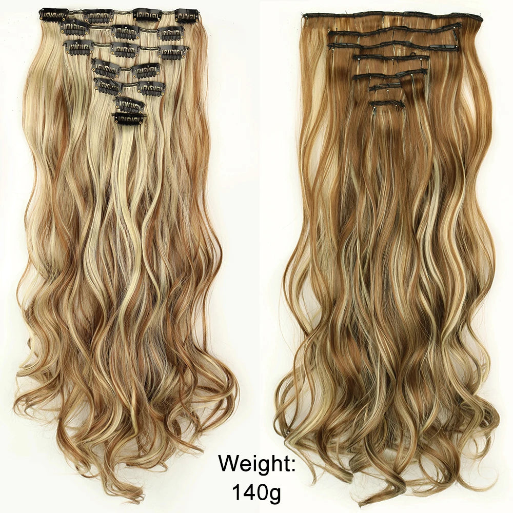 Long Straight Hairstyle 16 Clips 7Pcs/Set Hair Extensions Natural Synthetic Blonde Black Hairpieces Heat Resistant For Women