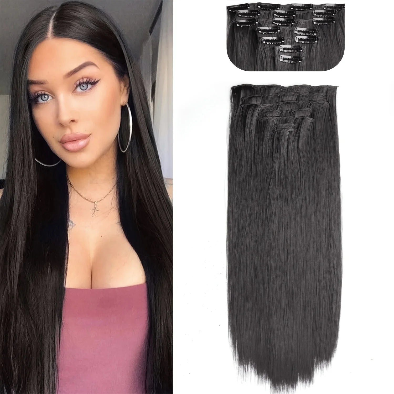 Long Straight Hairstyle 16 Clips 7Pcs/Set Hair Extensions Natural Synthetic Blonde Black Hairpieces Heat Resistant For Women