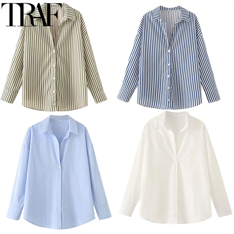 HXAO 2025 Shirts Blouses New Long Striped Shirt Women Long Sleeve Casual Shirts Large Tops Summer Plain Button Up Shirts 088