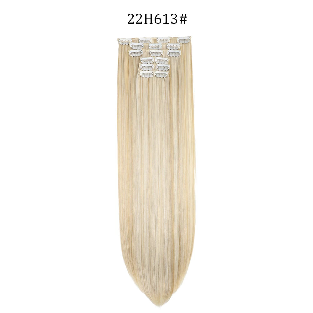 24 inches Synthetic Long Straight Hairstyle 16 Clips 6Pcs/Set Hair Extensions Blonde Black Hairpieces Heat Resistant For Women