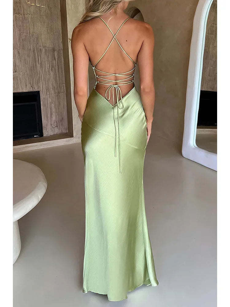 Bandage Backless Elegant Dress Split Hem Spaghetti Strap Slim Cocktail Party Club Fashion Satin Solid Lace-Up Long Dresses
