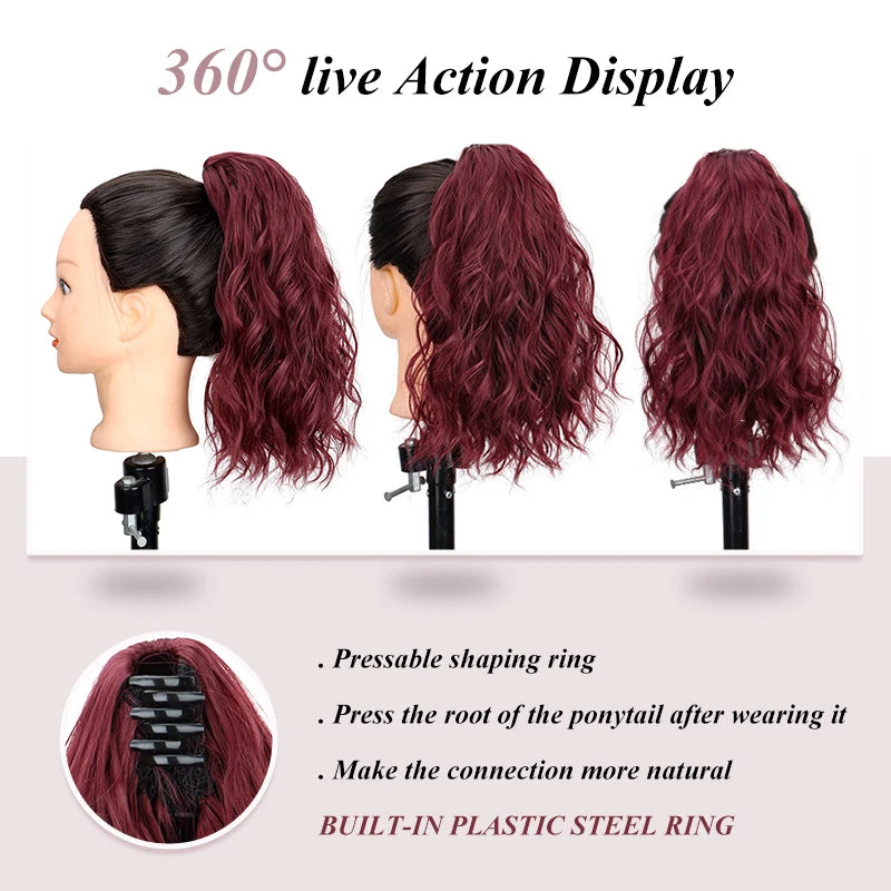 Clip-in Synthetic Hair Ponytail Extension Short Wavy Curled Clip-on Ponytail with Claw Clip Wine Red Hairpiece for Women