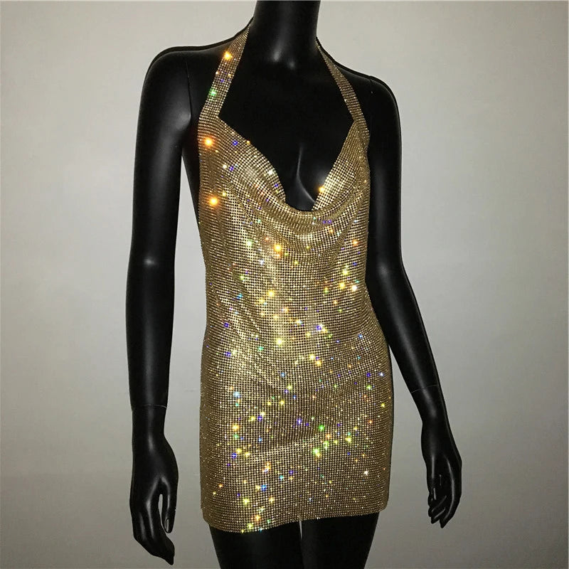 Bling Rhinestone Backless Dress Sexy Deep V Neck Sleeveless Side Split Halter Dress Nightclub Party Evening Dresses