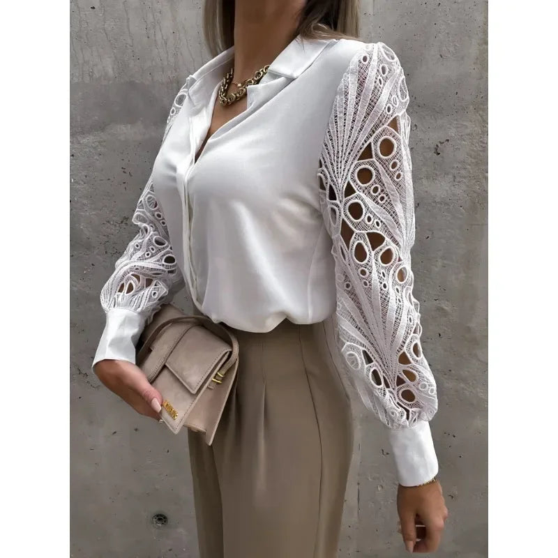 New Fashion Women's Commuter Casual Shirt Elegant Solid Color Lace Spliced Shirt Fashion Flip Collar Button Long Sleeved Shirt