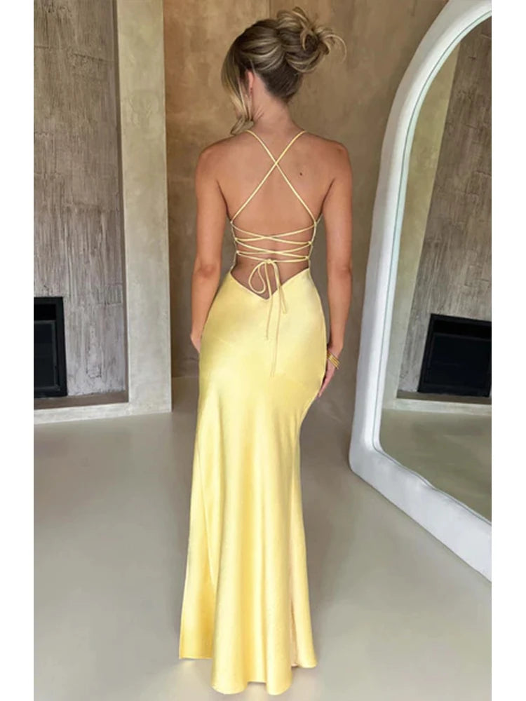 Bandage Backless Elegant Dress Split Hem Spaghetti Strap Slim Cocktail Party Club Fashion Satin Solid Lace-Up Long Dresses