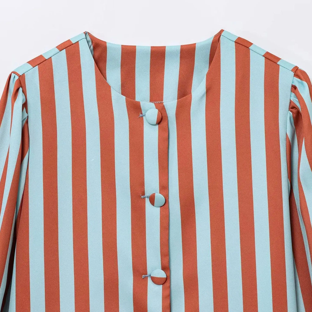 ZBZA Women's Loose Fit Striped Print Shirt O-neck Puff Sleeve Single Breasted Simple Casual Top Spring Summer Female Chic Blouse