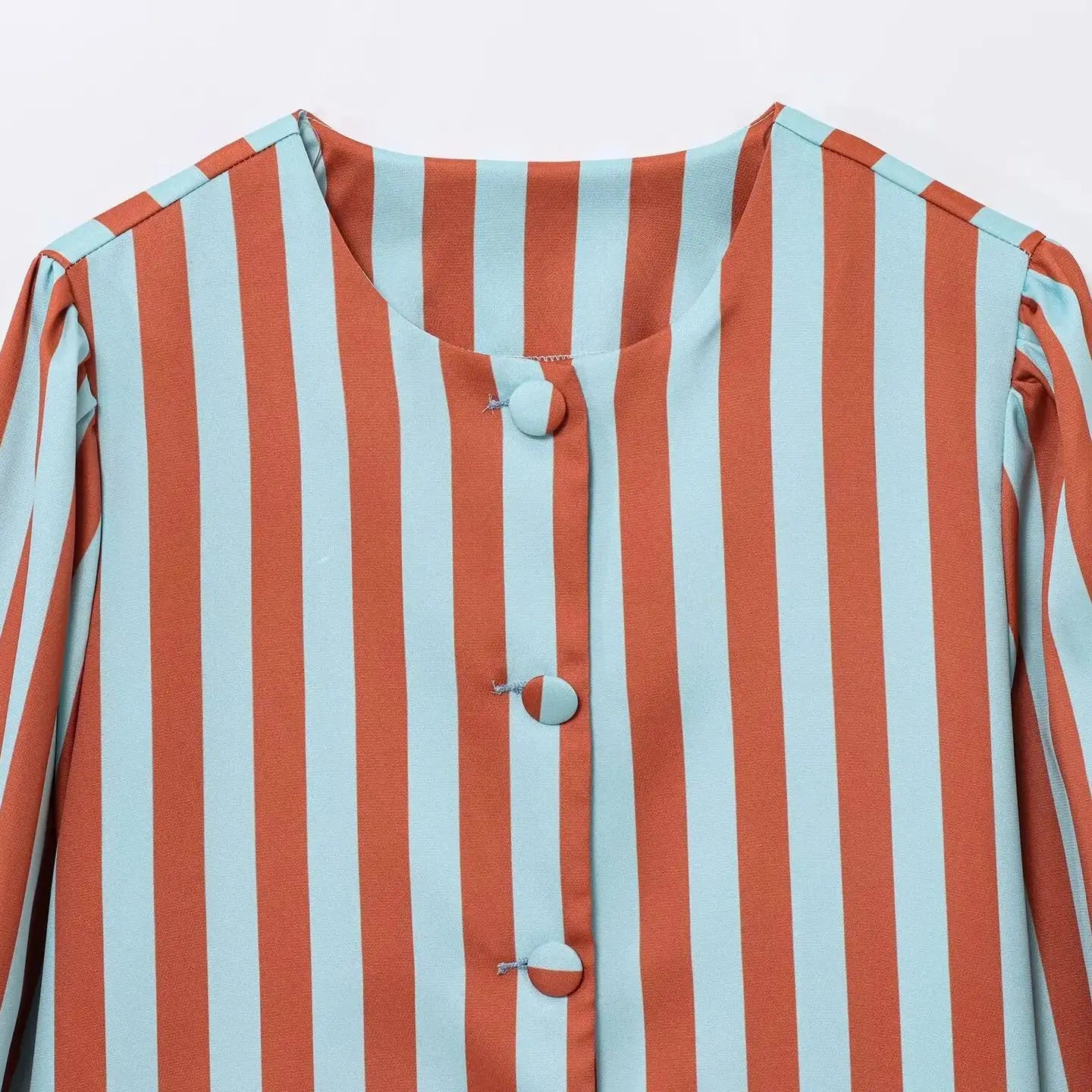 ZBZA Women's Loose Fit Striped Print Shirt O-neck Puff Sleeve Single Breasted Simple Casual Top Spring Summer Female Chic Blouse